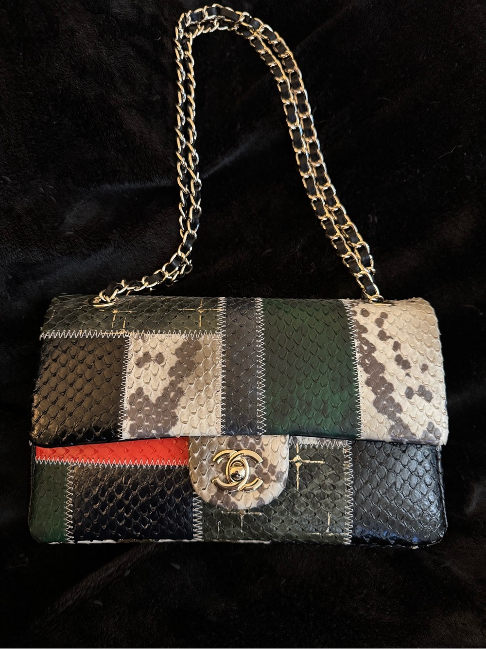 Chanel Patchwork Snakeskin-Style Chain Shoulder Bag w/ Dust Bag EUC
